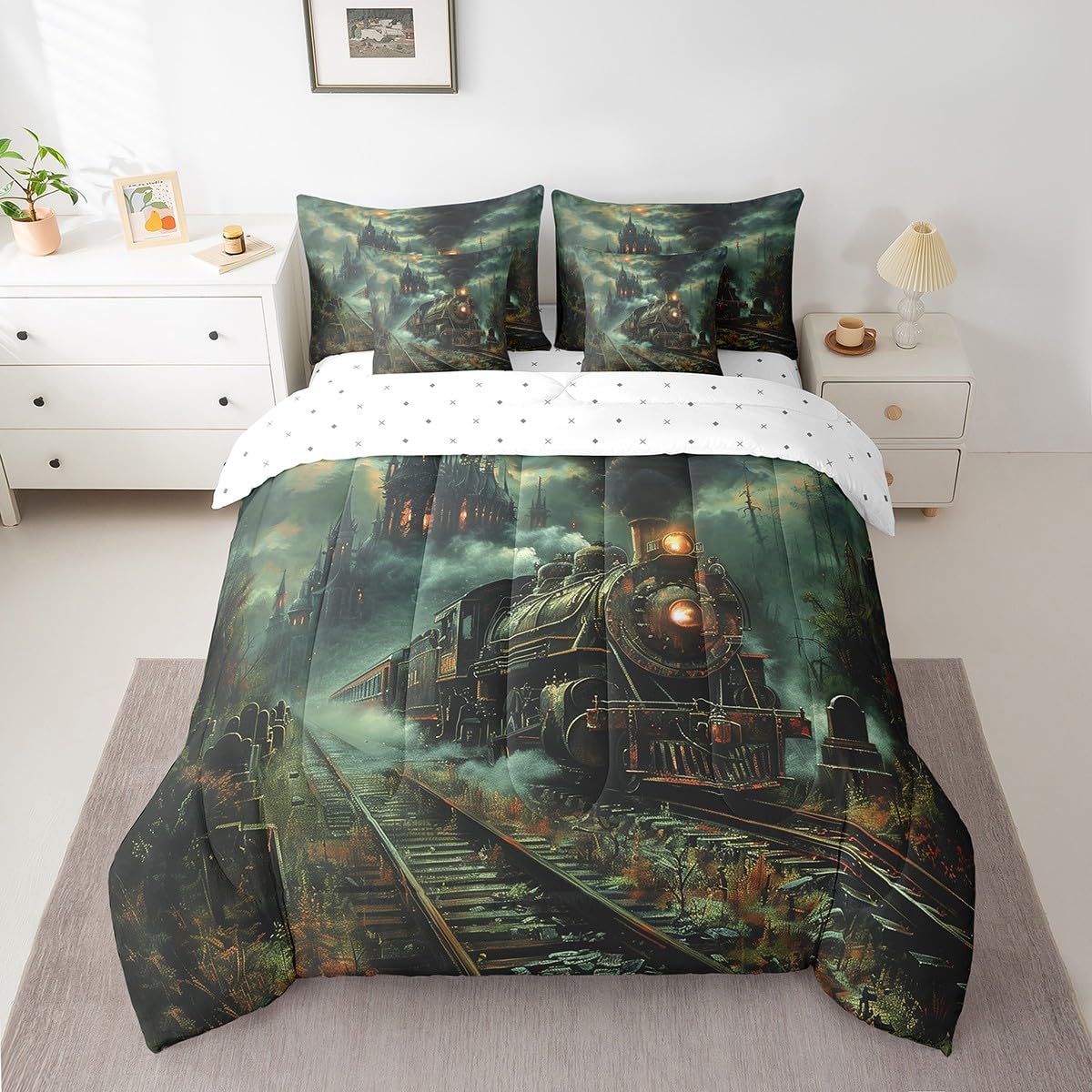 7 Pieces Twin Size Retro Train Comforter Set,Steam Locomotive Train Bedding Set for Boys Girls,Trippy Castle Jungle Halloween Theme (Comforter+Fitted+Flat Sheet+2 Pillowcases+2 Throw Pillow Covers)