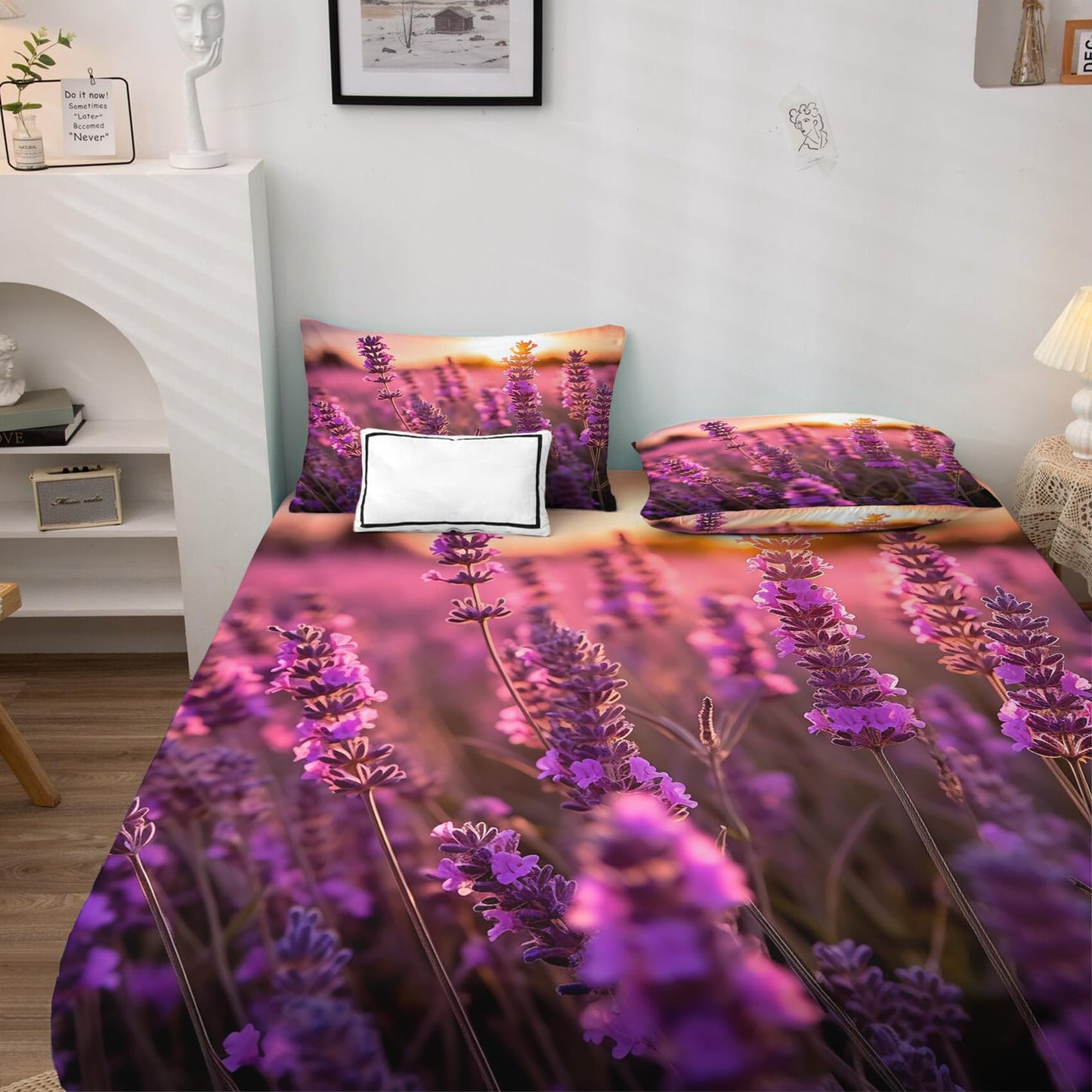 Lavender Floral Sheets King Sheet Sets - Lavender Flower Bed Sheets, Soft Microfiber & Deep Pocket & Wrinkle Free Patterned Bedding Sheets & Pillowcases, 1 Fitted Sheet, 1 Flat Sheet, 2 Pillow Cases