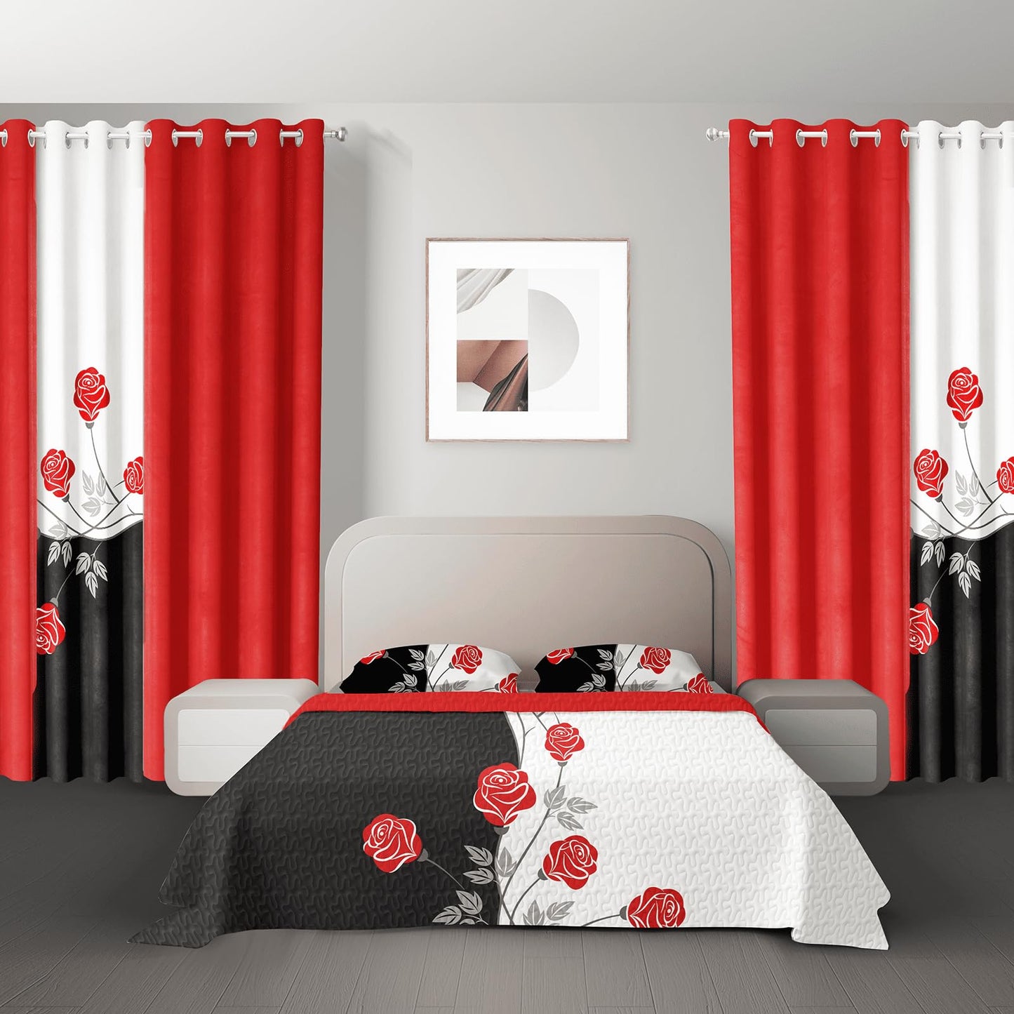 CozyCreatures Vintage Boho Red Rose King Light Comforter Set, 9-Piece Bed in a Bag with Curtains, Brushed Microfiber Bedspread Set with Matching Curtains for Master Bedroom, Machine Washable