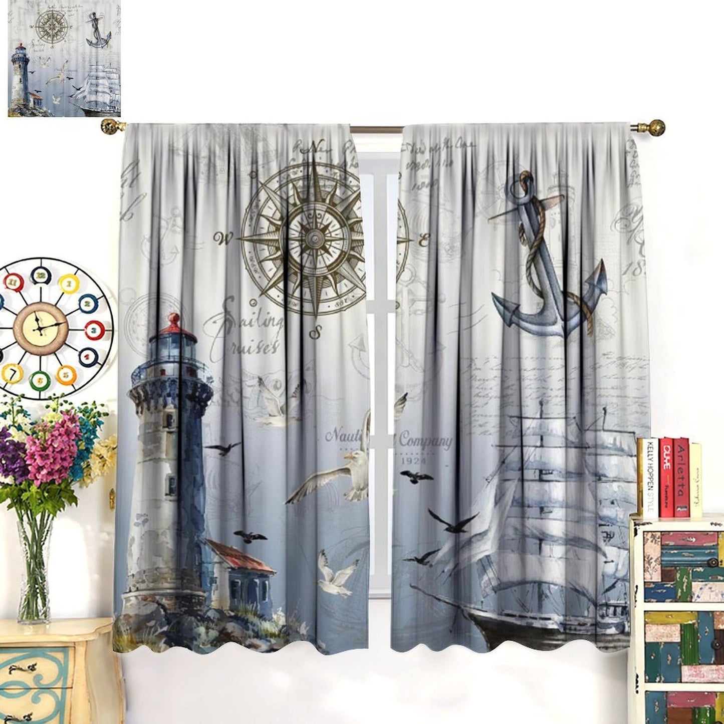Nautical Curtains for Kitchen Vintage Blue Ocean Beach Retro Sailboat Map Rustic Lighthouse Compass Scene Print Windows Treatments for Kids Boys Bedroom Living Room Bathroom 42x44.5In（No Blackout）