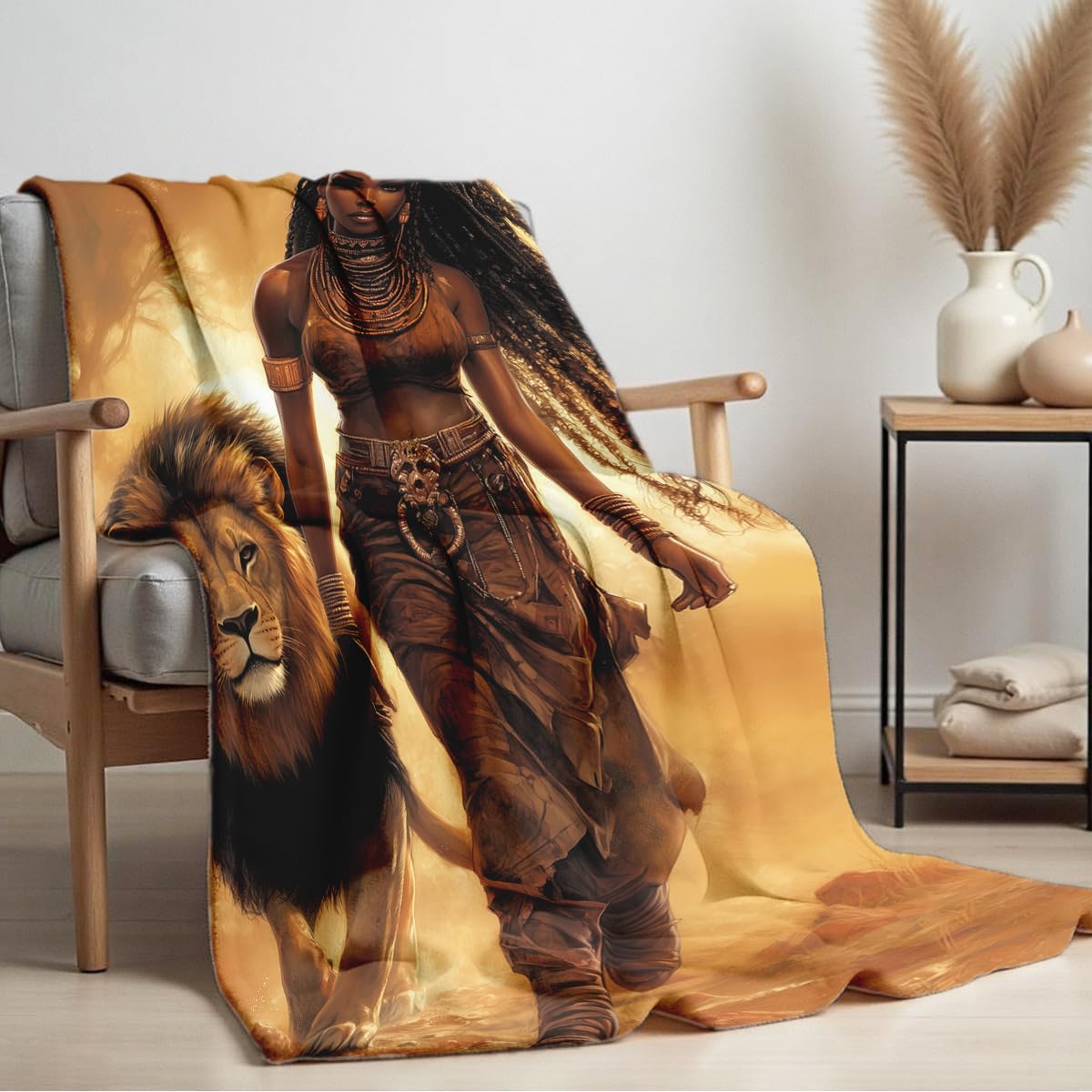 HUNXIAOJ African American Throw Blanket Lion Animals and Black Women Print Blankets Soft Flannel Bedding for Couch Bed Room Home Decor (49"x59")