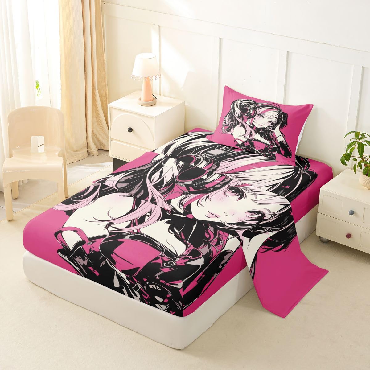 Erosebridal Pink Anime Girls Sheets Cartoon Japanes-Style Sheet Set Twin, Graffiti Street Culture Bed Sheets Set for Kids Teens Youth Watercolor Hippie Style Top Fitted Sheet 3Pcs