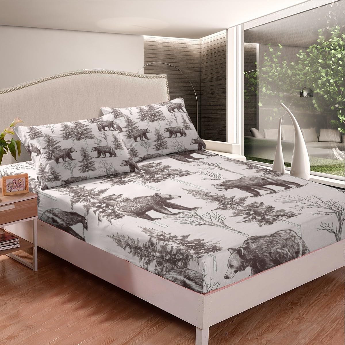 Erosebridal Bear Bedding Set for Kids Boys Girls Teens Adults Twin Size Bears and Baby Tree Branches Fitted Sheet Trees Winter Scene Wildlife Animal Shadow Bed Cover Bed Décor Breathable Durable