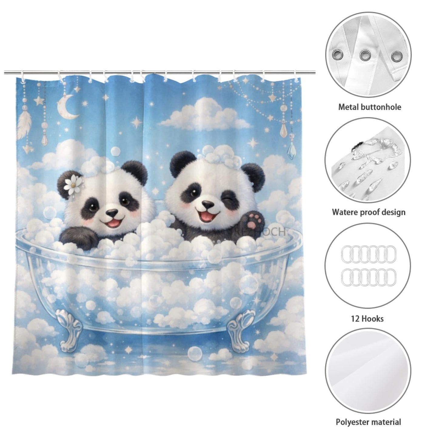 REZHOCH Dreamy Funny Panda Shower Curtain 72x72Inch,Cute Animal Home Bathtub Bathroom Decor,Boho Sky Cloud Bubble Bath,Blue Waterproof Fabric Bath Curtain Set with 12 Hooks