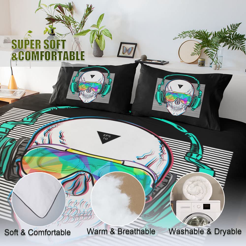 SHOMPE Music Skull Comforter Sets Full Size Boys Girls Punk Rocker Skeleton Printed Soft Warm Bedding for All Season
