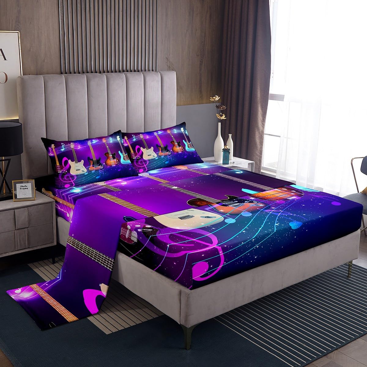 Erosebridal Guitar Bed Sheet Set King Size Colorful Mucical Notes Sheet Set with Deep Pocket for Kids Boys Girls Teens Rock Roll Music Bedding Set Glitter Hiphop Hippie Fitted Sheet Set 3 Pcs