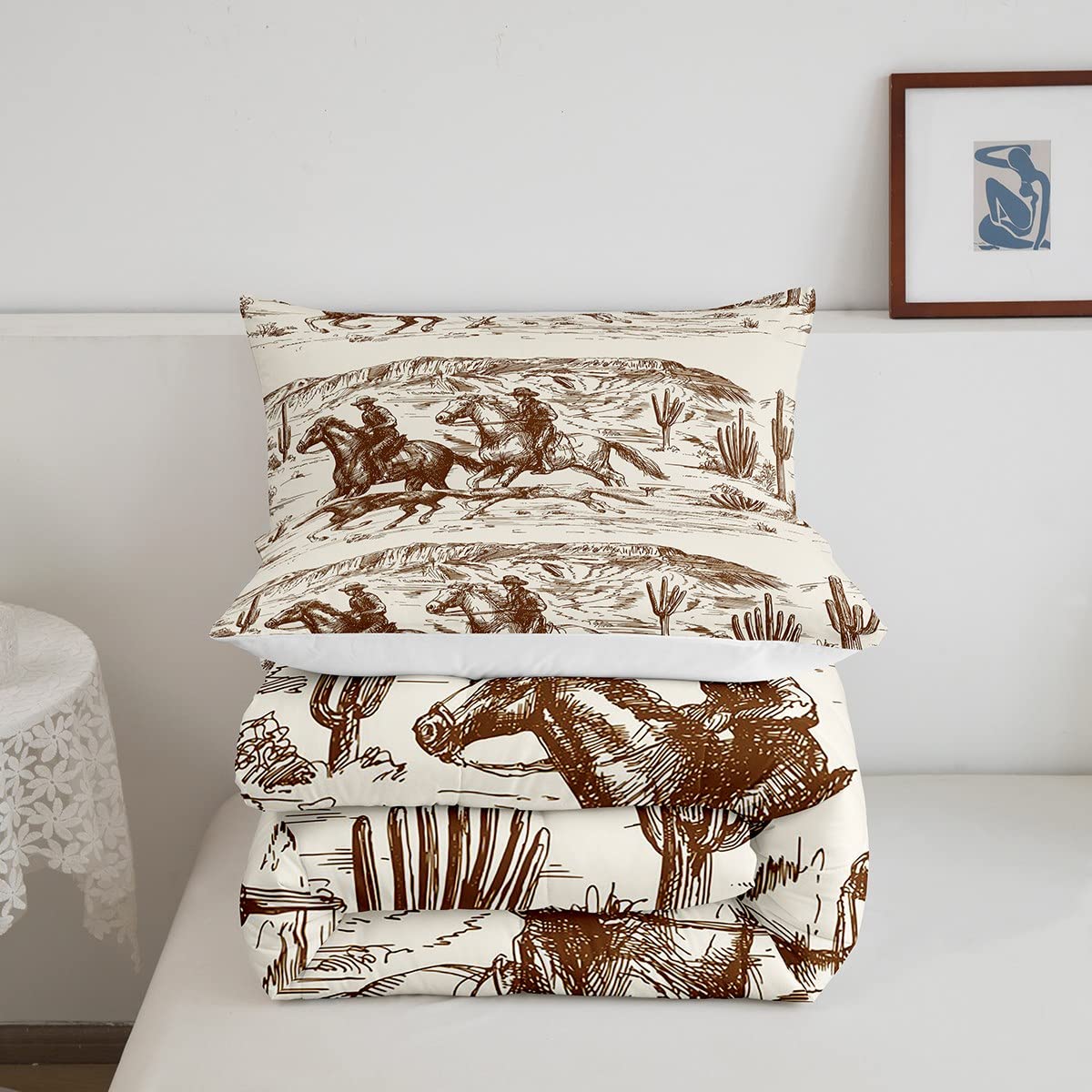 Erosebridal Western Comforter Set Queen Size Cowboy Bedding Set American Wild West Desert Hand Drawn Illustration Down Comforter Country Theme Bedroom Decor Duvet Set for Boys Men Teens