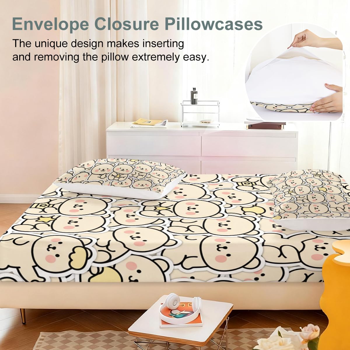 ARIGHTEX Cute Bear Fitted Sheet Set Twin Size, 3 Pieces Soft Cozy Kawaii Bear Bedding for Comfort Sleep, Neutral Cartoon Teddy Microfiber Deep Pocket Bed Sheets with 2 Pillowcases (No Flat Sheet)