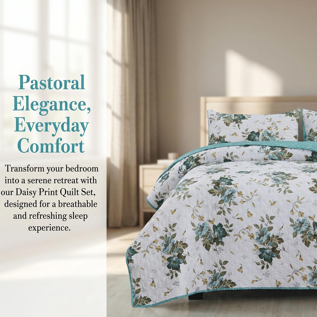 SANOCAY Boho Floral Quilt Set King Size, 3 Piece Lightweight Summer Bedding Set with 2 Pillow Shams, Soft Reversible Microfiber Bedspread, Farmhouse Coverlet for All Season (Sage Green, King)