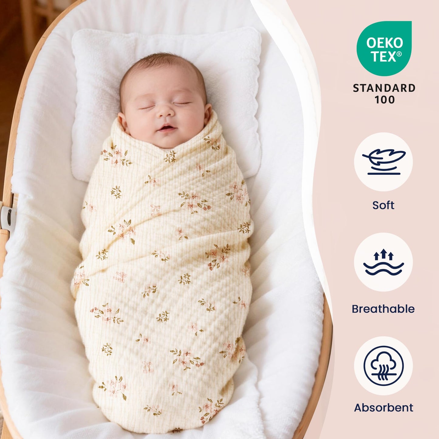EXQ Home Muslin Swaddle Blankets for Baby, 3 Pack Cotton Breathable Soft Receiving Blankets for Newborn Boys and Girls, Baby Essentials & Gift, 38x40 inches(Pink Blossoms)
