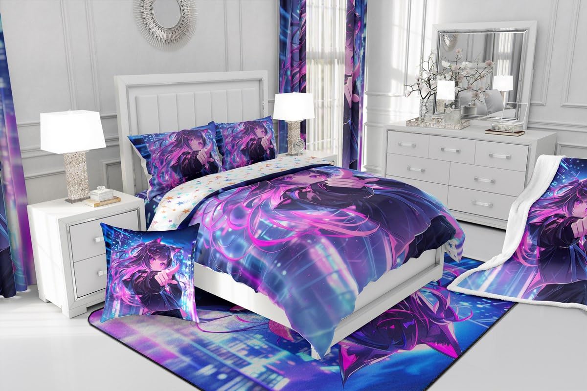 Erosebridal Kids Anime Girl Full Size Comforter Cover, Japanese Anime Duvet Cover, Cartoon Girl Bedding Set for Boys Teens Bedroom Decor, Kawaii Japanese Animation Bed Set with 2 Pillow Cases