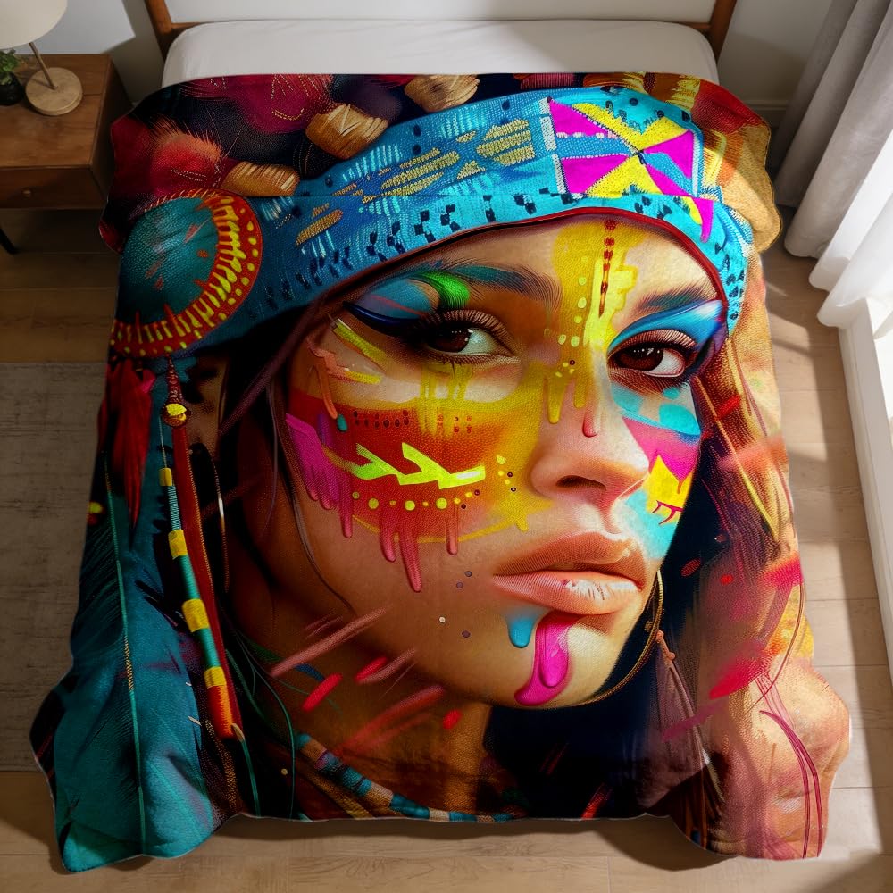 ZHOUSHUTONG Native American Throw Blanket Indian Tribal Chief Print Super Soft Warm Cozy Flannel Blanket for Couch Bedroom Office Southwest Cultural Home Decor Gift 49"x59"