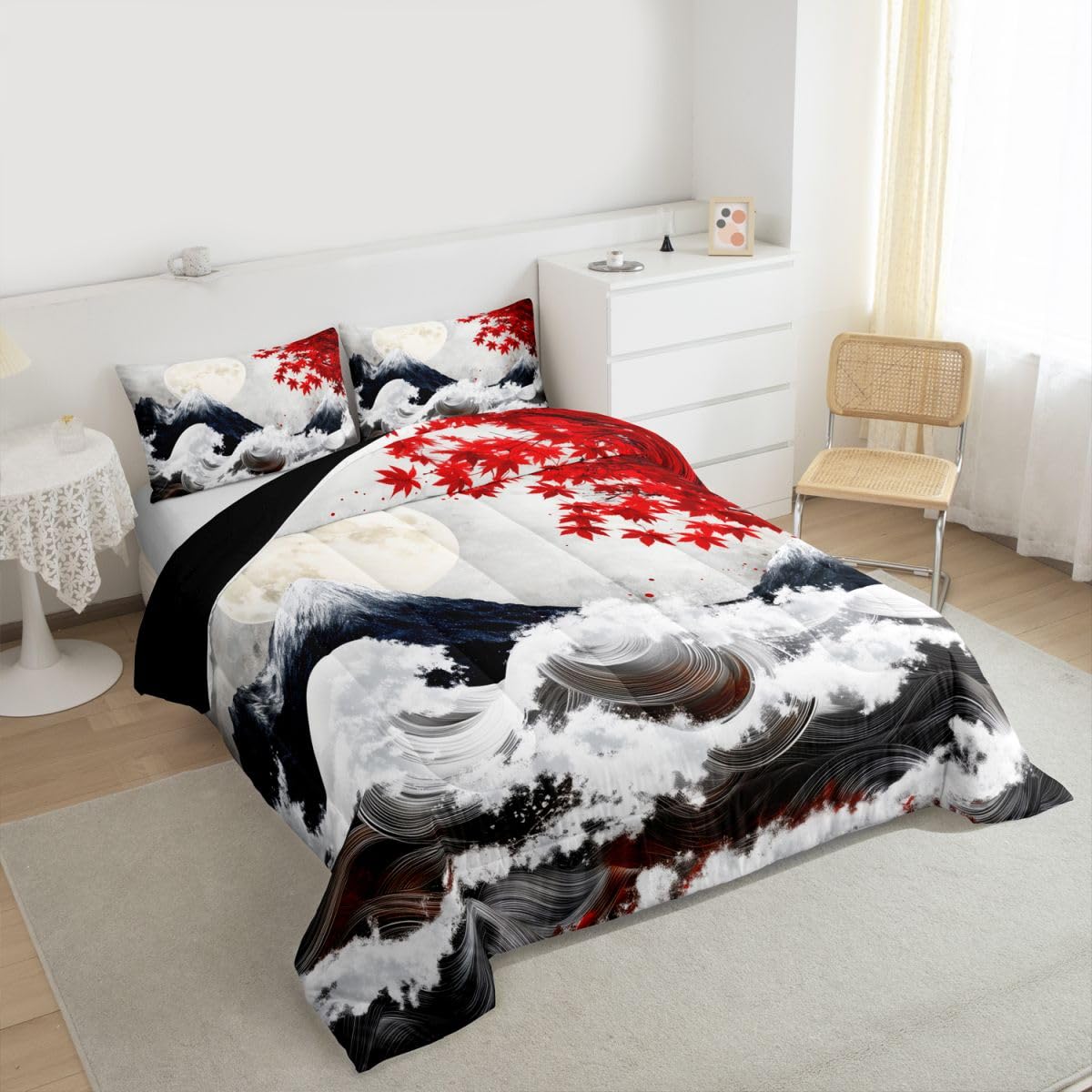 jejeloiu Japanese Wave Bedding Set Soft for Boys Girls, Japanese Style Comforter Set Queen Size Cherry Blossom Duvet Quilt Microfiber Mountain Bedroom Decor 3 Pcs with 2 Pillow Cases
