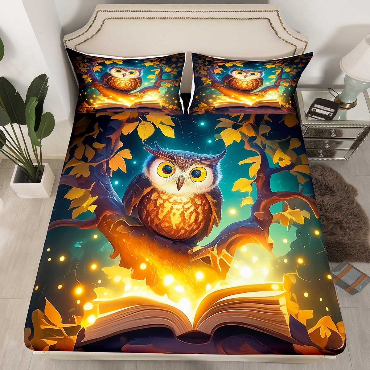 Cartoon Owl Bedding Sets Twin Size,Wild Animals Fitted Sheet 2Pcs for Kids Girls Boys Teens Room Decor,Reading Book Theme Bed Sheet Magical Gold Tree Deep Pocket Sheet,1 Pillowcase