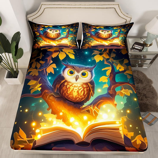 Cartoon Owl Bedding Sets Twin Size,Wild Animals Fitted Sheet 2Pcs for Kids Girls Boys Teens Room Decor,Reading Book Theme Bed Sheet Magical Gold Tree Deep Pocket Sheet,1 Pillowcase