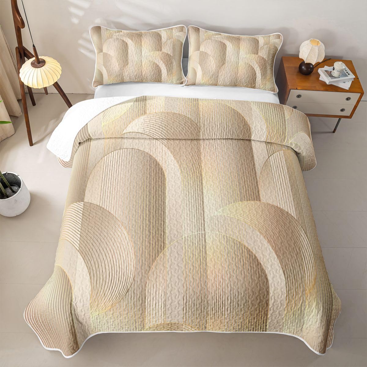 Erosebridal Geometric Quilted Bedspreadd Set Twin Modern Abstract Texture Coverlet Set Nordic Style Bed Set Ombre Beige White Bedding Set