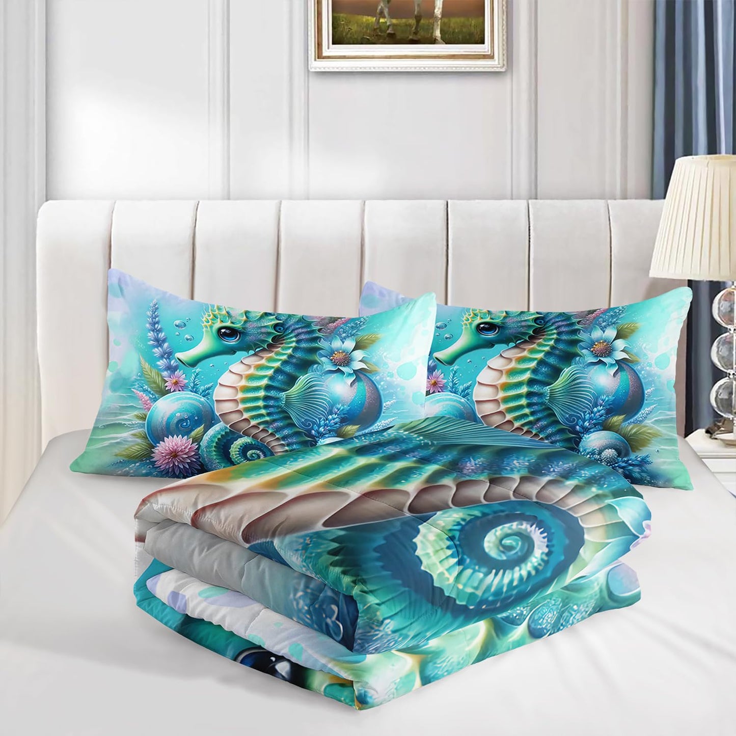 Green Seahorse Comforter 3Pcs Twin Tie-dye Blue Ocean Animal Bedding Set