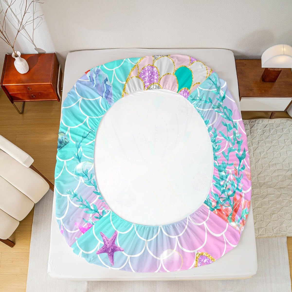 Mermaid Tail Fitted Sheet,Kids Fish Scales Bed Sheets Full,Girly Rainbow Sheet Set Ocean Life Sea Animal Flat Sheet Teal Sequins Pastel Pink Paillette Bedroom Decor,Multicolor