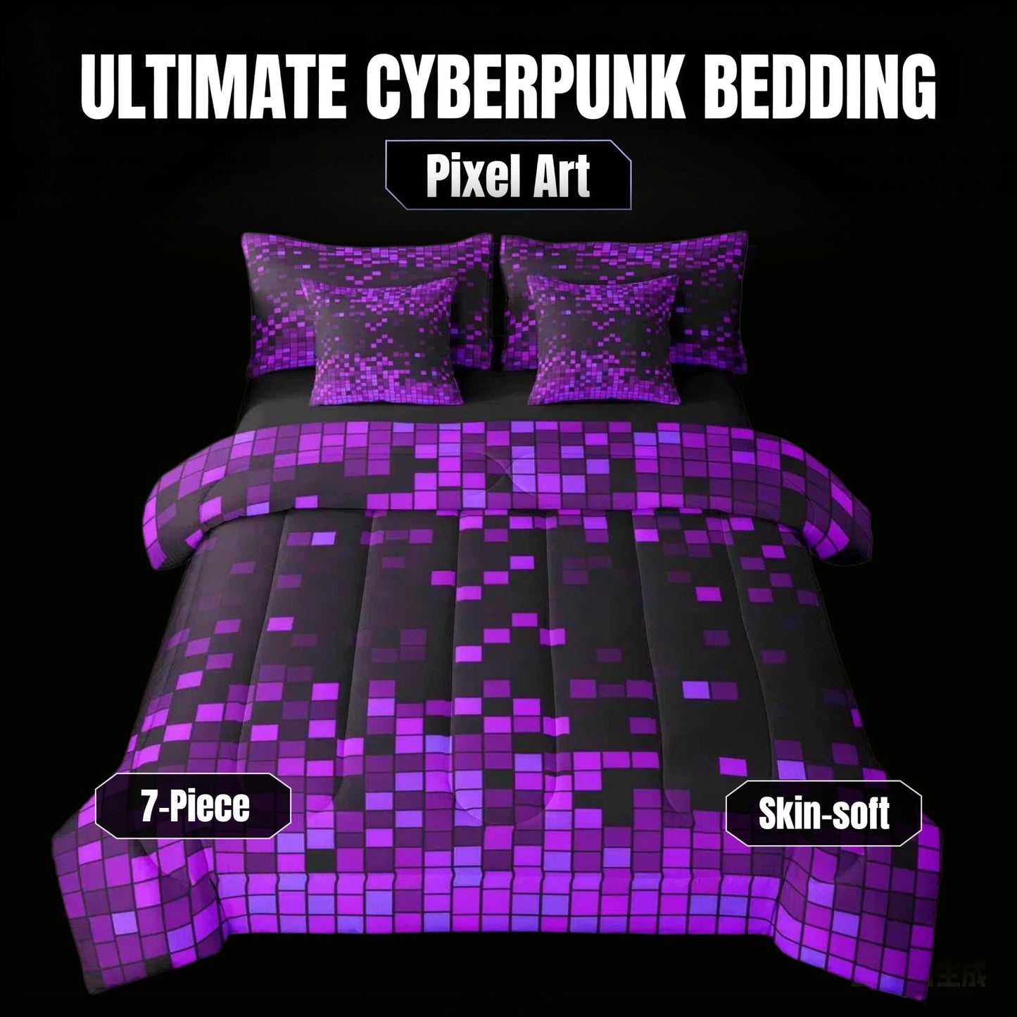 Feelyou Purple Black Pixel Art Comforter Set with Sheets 7 Piece Twin Size Gamer Bed in a Bag Kids Boys Girls Retro Pixel Bedding Set Gamer Room Decor Bedroom Decor Soft Lightweight Microfiber