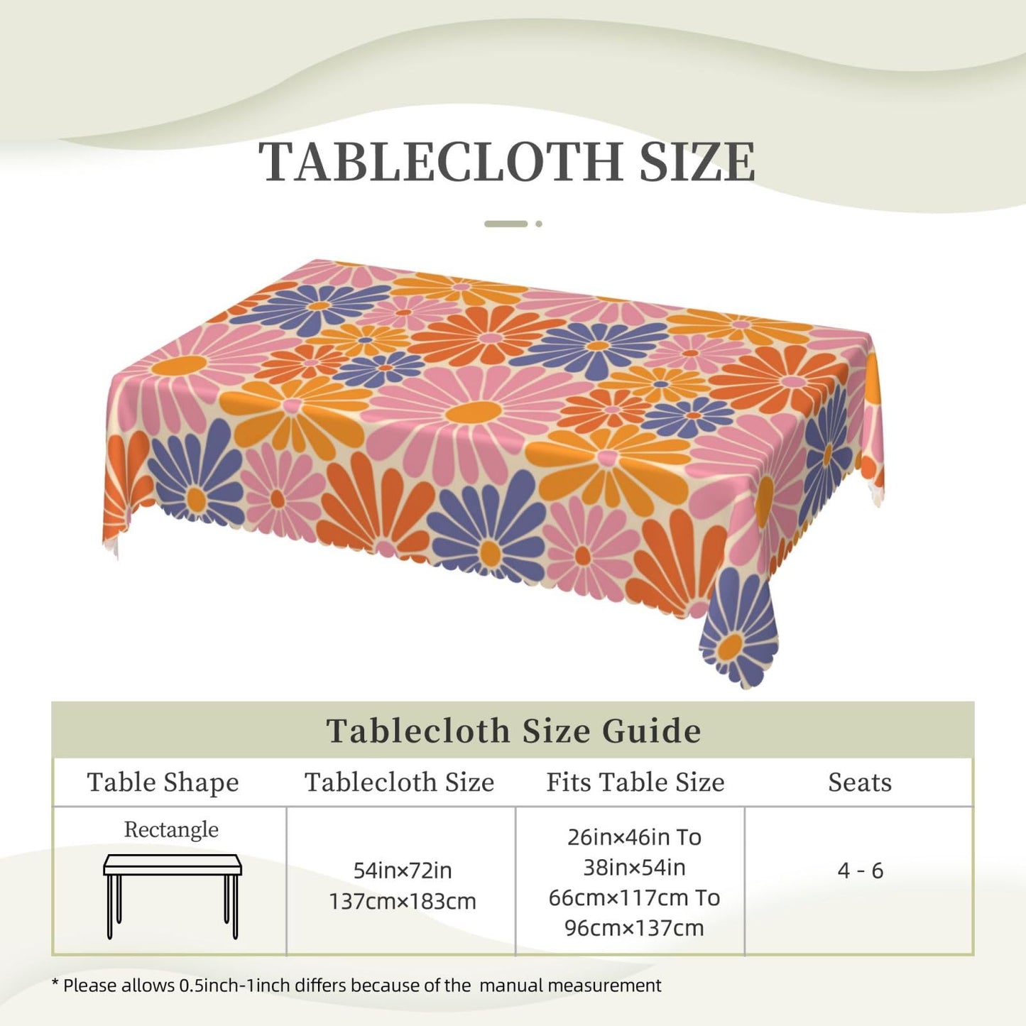 ZYPHORIEL Daisy Flowers Rectangle Tablecloths Retro Orange Pink Blue Flower Table Cloths Decorative Kitchen Dining Tablecloth for Rectangular Tables,Washable Table Cover for Party 54 x 72 Inch