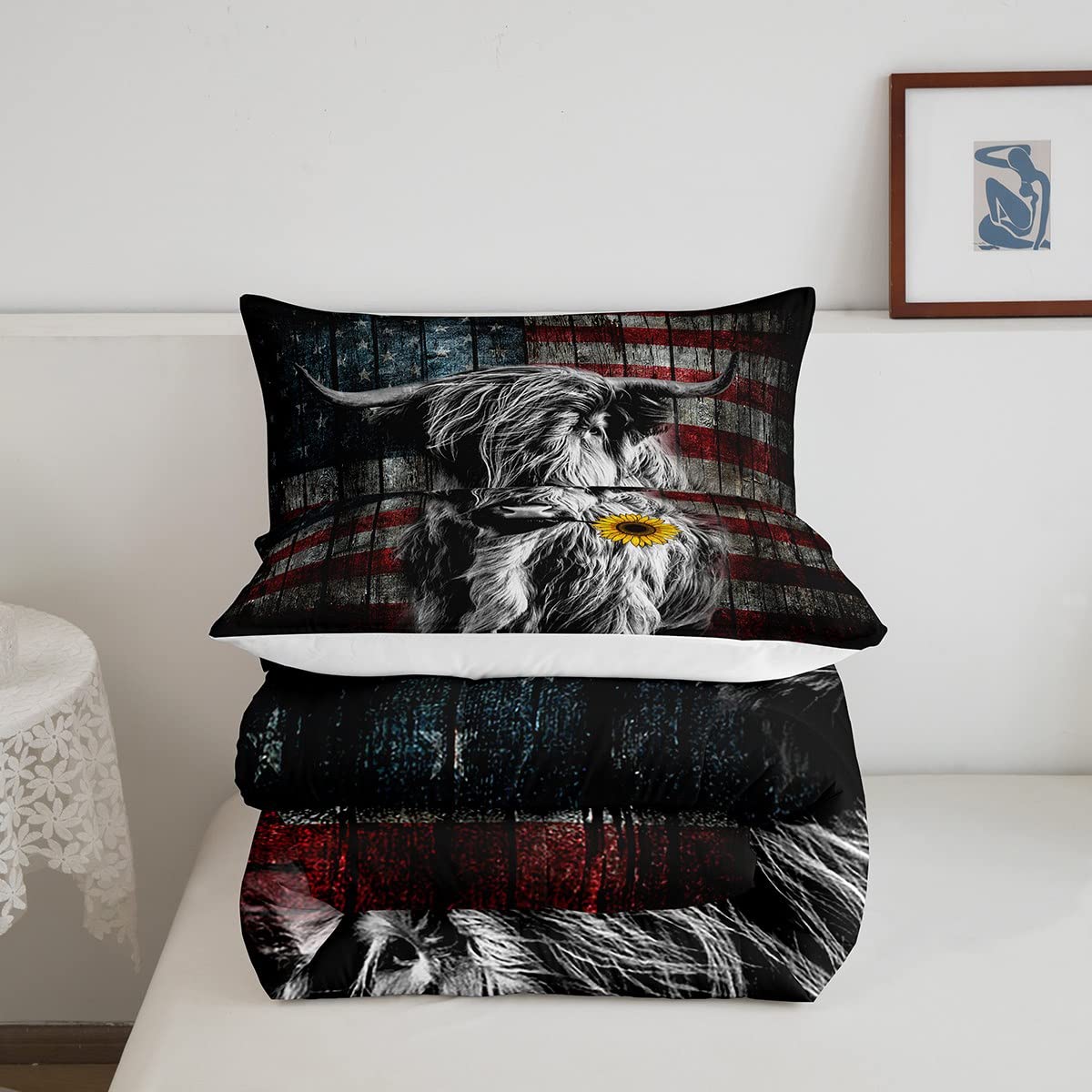 Feelyou Highland Cattle Bedding Set Sunflower Highland Cow Comforter Set for Kids Boys Girls America Flag Bull Comforter Animal Quilt Set 1 Comforter Set with 1 Pillowcase Twin Size