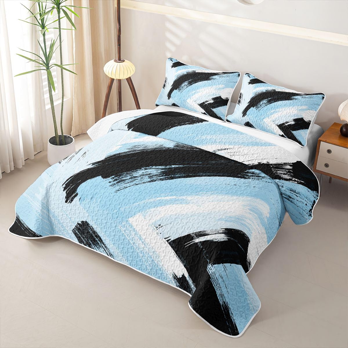 Feelyou Blue Black White Bedding Set Kids Abstract Quilt Sets Queen Size Modern Stripes Bedspread Coverlet for Room Soft Modern with 2 Pillow Case