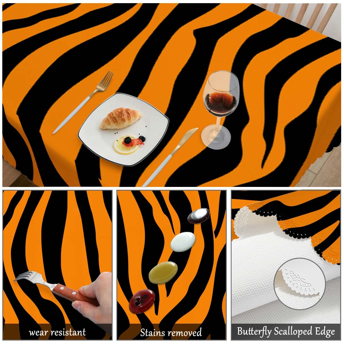 Swono Tiger Print Tablecloth African Animal Tiger Skin Orange Black Stripe Decorative Table Cover for Kitchen, Party Banquet and Holiday Tablecloth, 52x70 Inch(4-6 Seats)