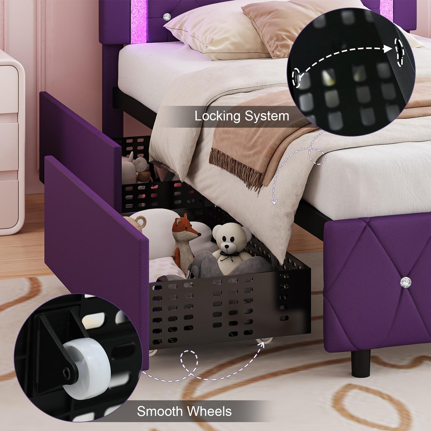 Twin Bed Frames with Storage Drawers and LED Lights, Upholstered Bed with Crystal Tufted Headboard, Princess Platform Bed with Wooden Slats Support, No Box Spring Needed, Purple