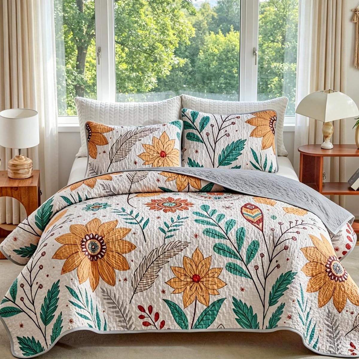 SANOCAY Boho Floral Quilt Set Full Size, 3 Piece Lightweight Summer Bedding Set with 2 Pillow Shams, Soft Reversible Microfiber Bedspread, Farmhouse Coverlet for All Season (Sunflower, Full)