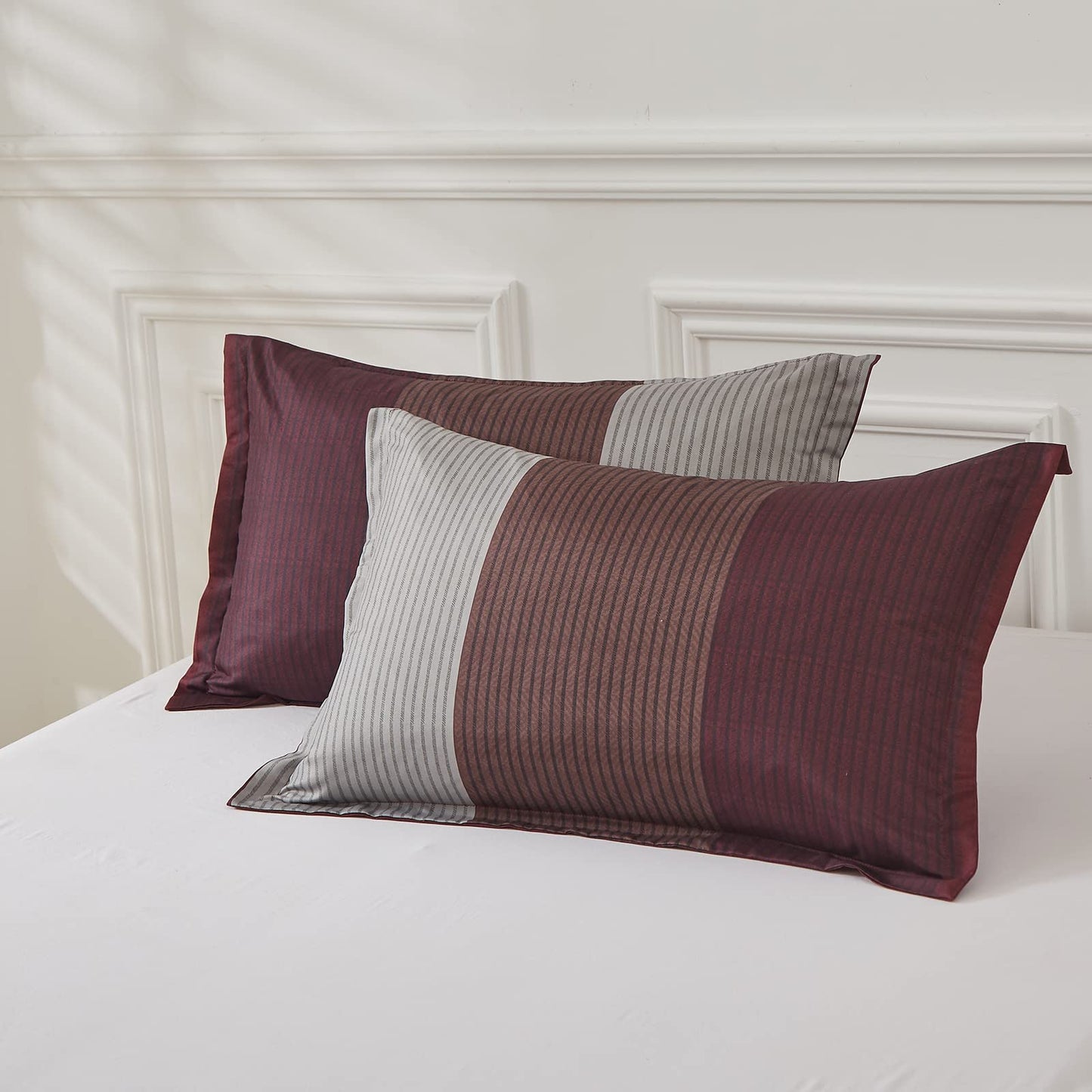 WONGS BEDDING Burgundy Comforter Set Queen, Reversible Burgundy Stripe Down Alternative Comforter for All Season,3 Pieces(1 Comforter+2 Pillowcases), Soft Microfiber Bedding Duvet Set 90”×90”