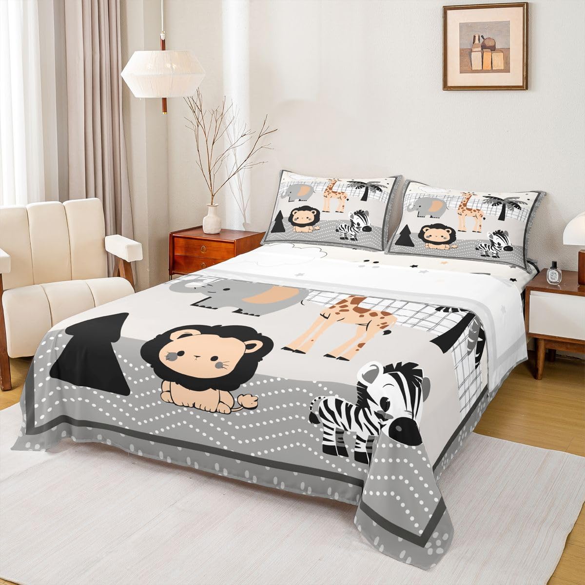 Erosebridal Jungle Animals Sheet Set Full Elephant Giraffe Lion Zebra Bed Sheets for Kids Boys Girls Hunter Brown Rust Wildlife Flat Fitted Sheet Cute Cartoon Animals Sheets 3 Pcs