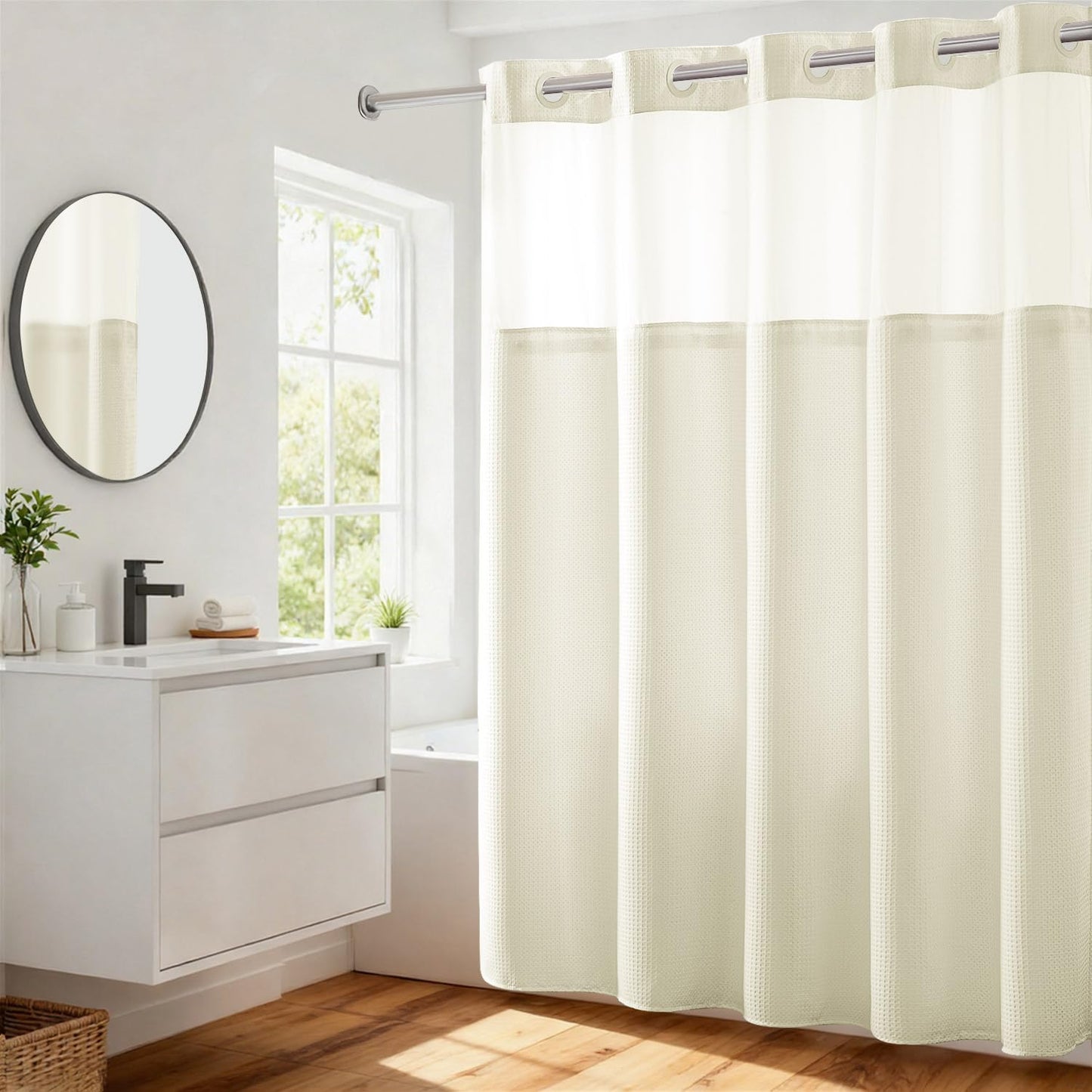 River Dream Heavyweight No Hooks Required Dotted Waffle Weave Shower Curtain with Snap in Liner - 71W x 74H,Hotel Grade,Spa Like Bath Curtain,Cream