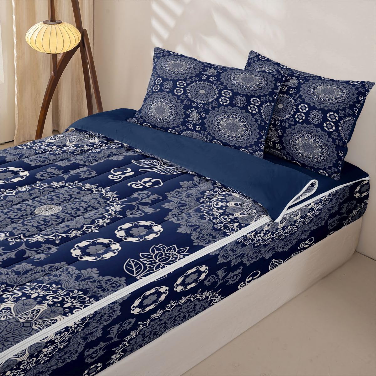 Feelyou Boho Mandala Comforter Set Bohemian Style Zipper Bedding Twin Hippie Mandala Boys Girls Comforter Set with Fitted Sheet and Pillowcases Bed Sheet Sets with Fitted Bed Decor