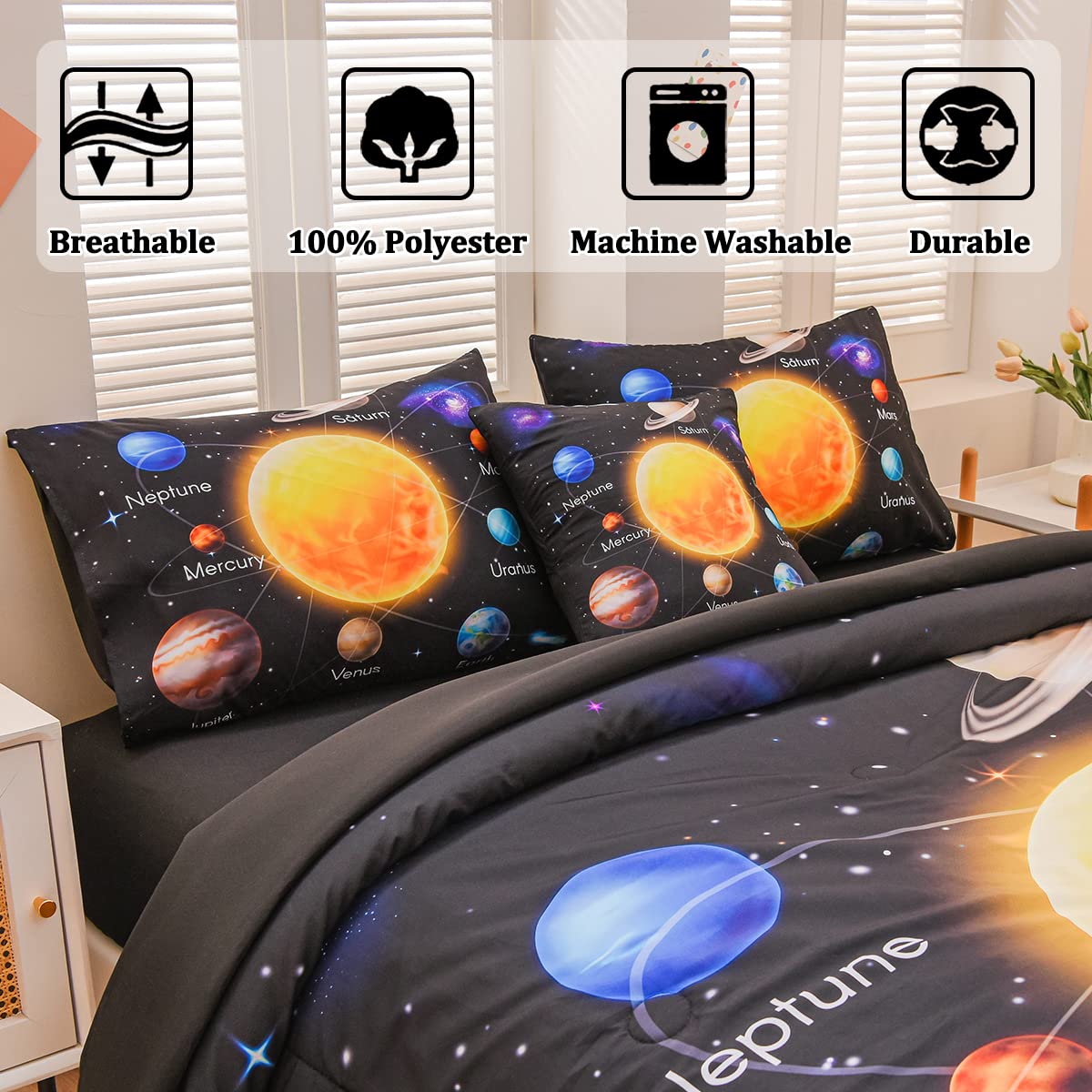 Tasselily 6 Pcs Bed in A Bag Twin Comforter Set for Boys, Solar System Universe Planet Comforter, Space Bedding Sets with Sheets for Kids