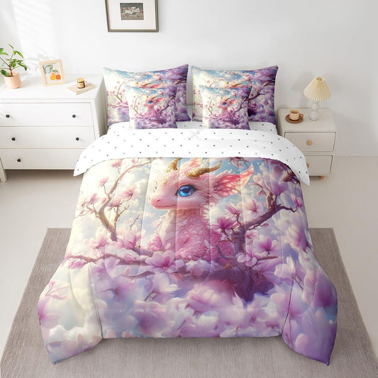 7 Pieces Cherry Blossom Dragon Comforter Set Queen,Pink Flower Wild Animal Bed Set for Kids Boys Girls,Pink Bedding(1 Comforter,1 Fitted Sheet,1 Flat Sheet,2 Pillowcases,2 Throw Pillow Cover)