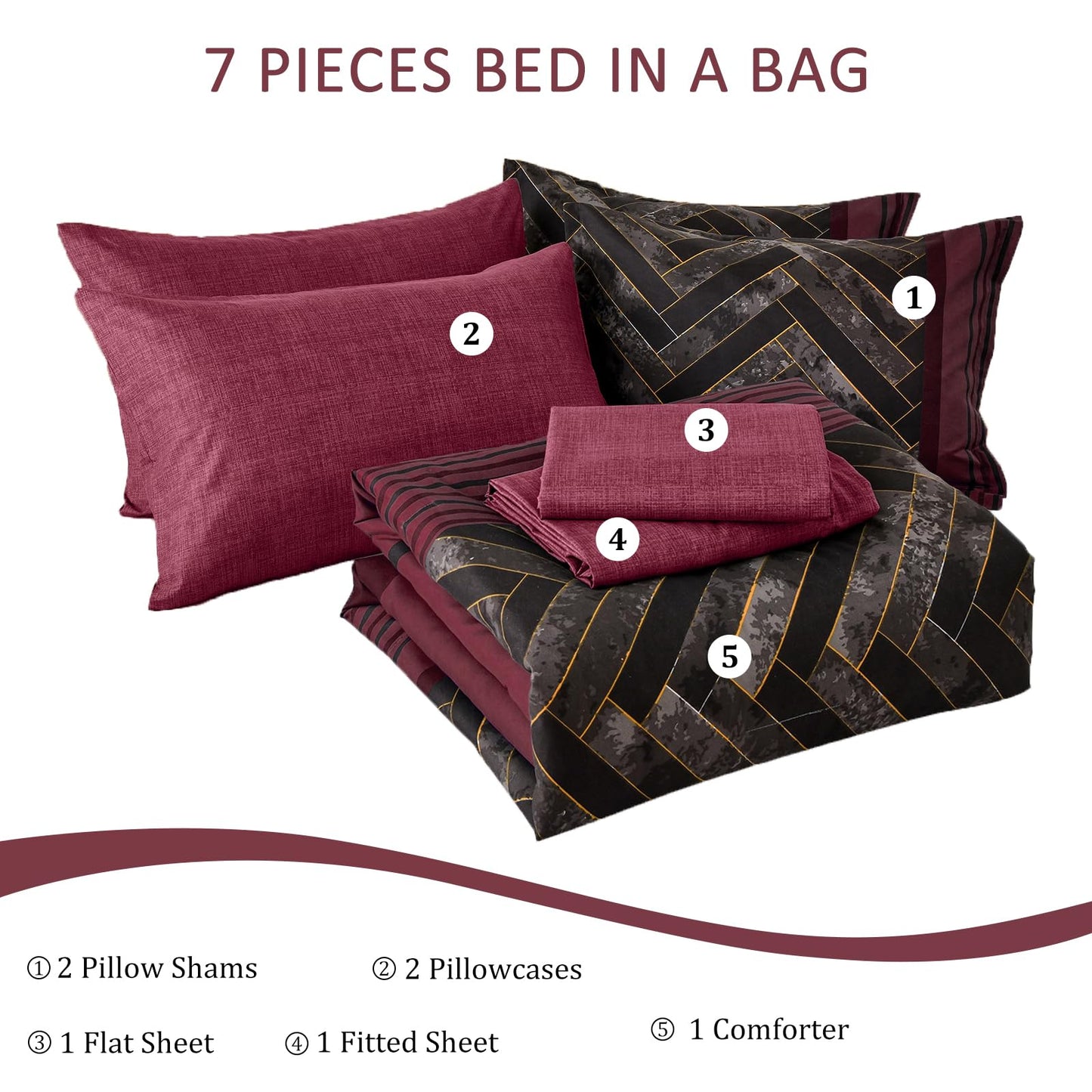 Luxudecor Burgundy Comforter Set Queen Size 7 Pieces Red and Black Stripe Bed in a Bag Geometric Comforter and Sheet Set, Soft Microfiber Complete Bedding Sets for All Seasons