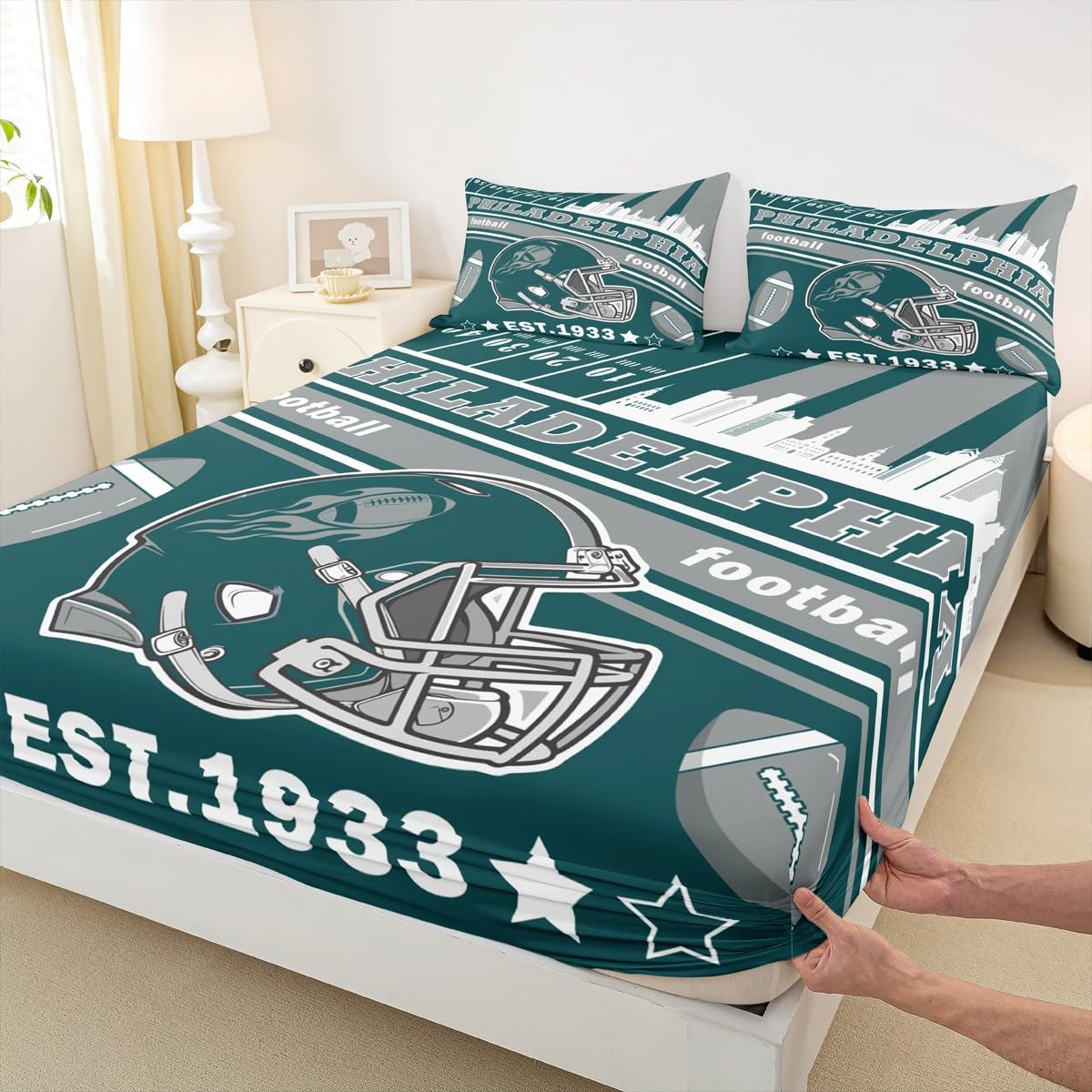 Feelyou Football Bed Sheets Set Twin Size Boys Women Men Rugby Sports Bedding Set Football City Fitted Sheet with 16 Inch Deep Pockets