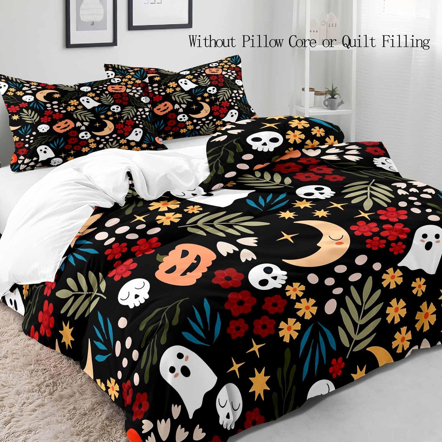 LUVIVIHOME 3PCS Botanical Cute Ghost Duvet Cover Queen Bedding Sets, Boys Girls Kids Bedding, Spooky Gothic Funny Pumpkin Skull Moon Star Flower Plant Leaves Halloween Comforter Cover, 2 Pillow Cases