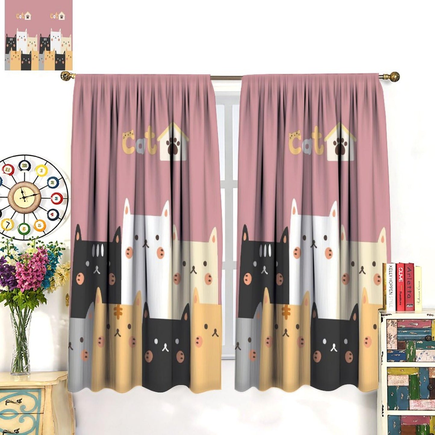 Cat Blackout Curtains Colorful Funny Cute Cartoon Animal Cat Modern Simple Art Kids Girls Boys Women Bedroom Living Room Bathroom Kitchen Rod Pocket Decoration Window Drapes 2 Panels W21xL45in
