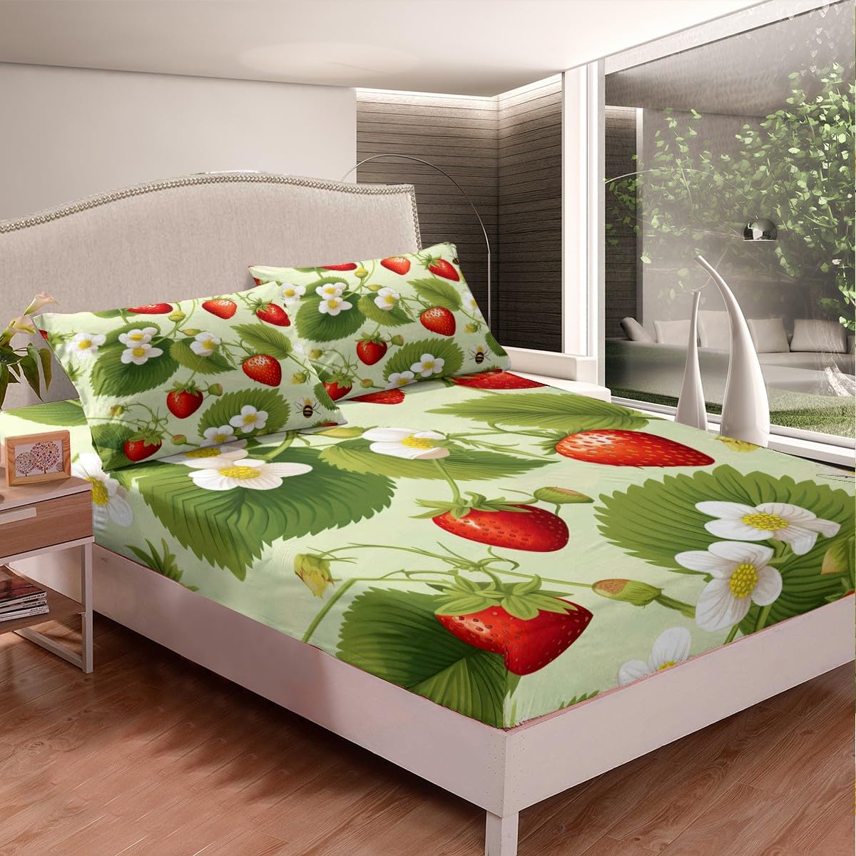 Feelyou Strawberry with Floral Bedding Fitted Sheet Fruit Bed Sheet Set for Kids Girls Botanical Flora Leaves Bedding Sheets Soft Bed Cover 1 Bed Sheet Set with 2 Pillowcases Full Size