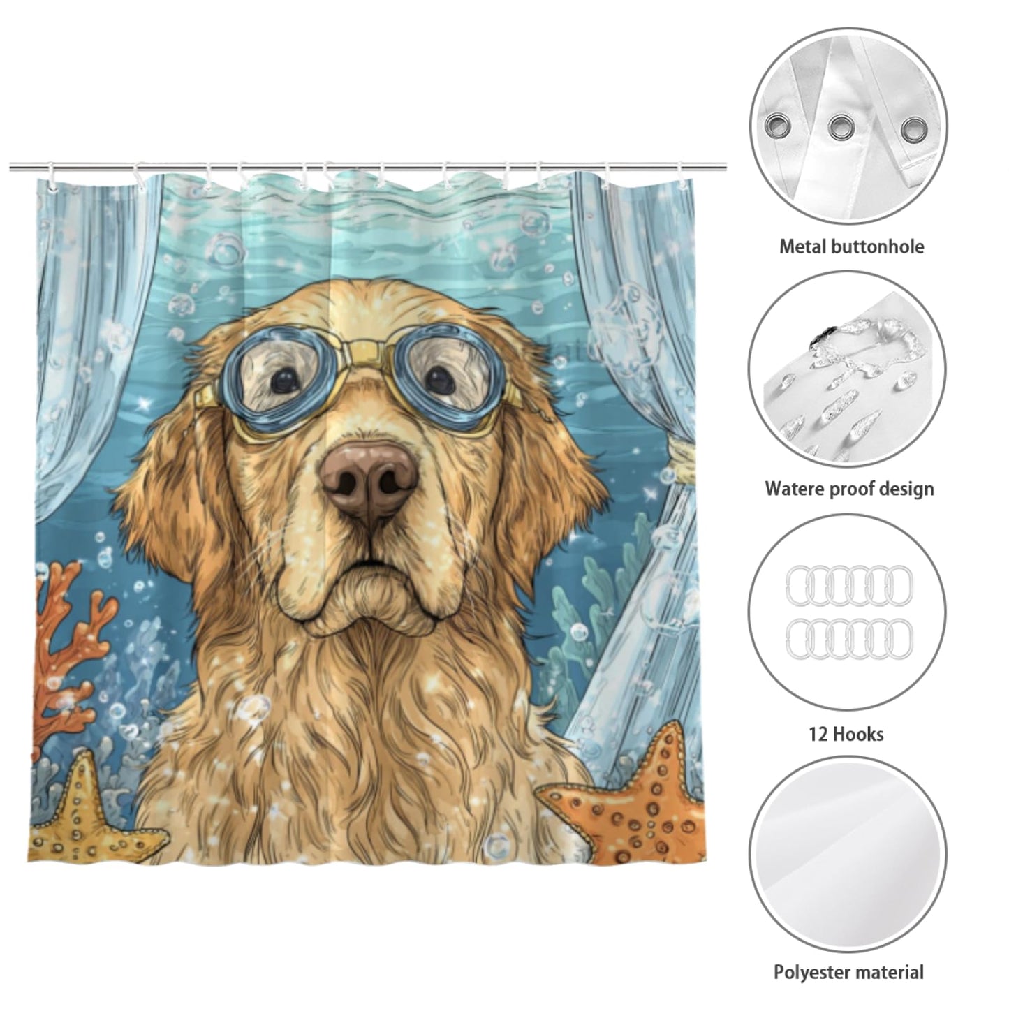 Wordatu Welcome Ocean Shower Curtain Ocean Golden Retriever Bathroom Set Kids Toddler Boys Girls Sea Bath Curtain Beach Coastal Kids Bathroom Decoration 72x72 Inches