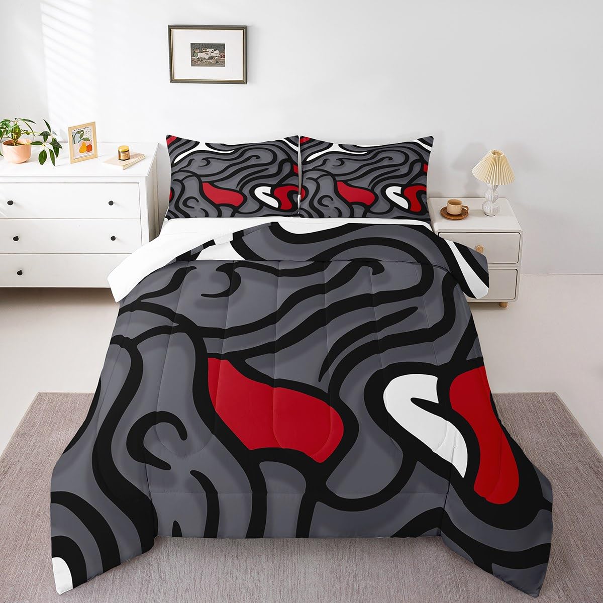 Feelyou Black Red Swirl Comforter Set Kids Abstract Comforter for Women Men Gray Trippy Geometric Bedding Set Breathable Quilted Room Decor Duvet Set Queen Size