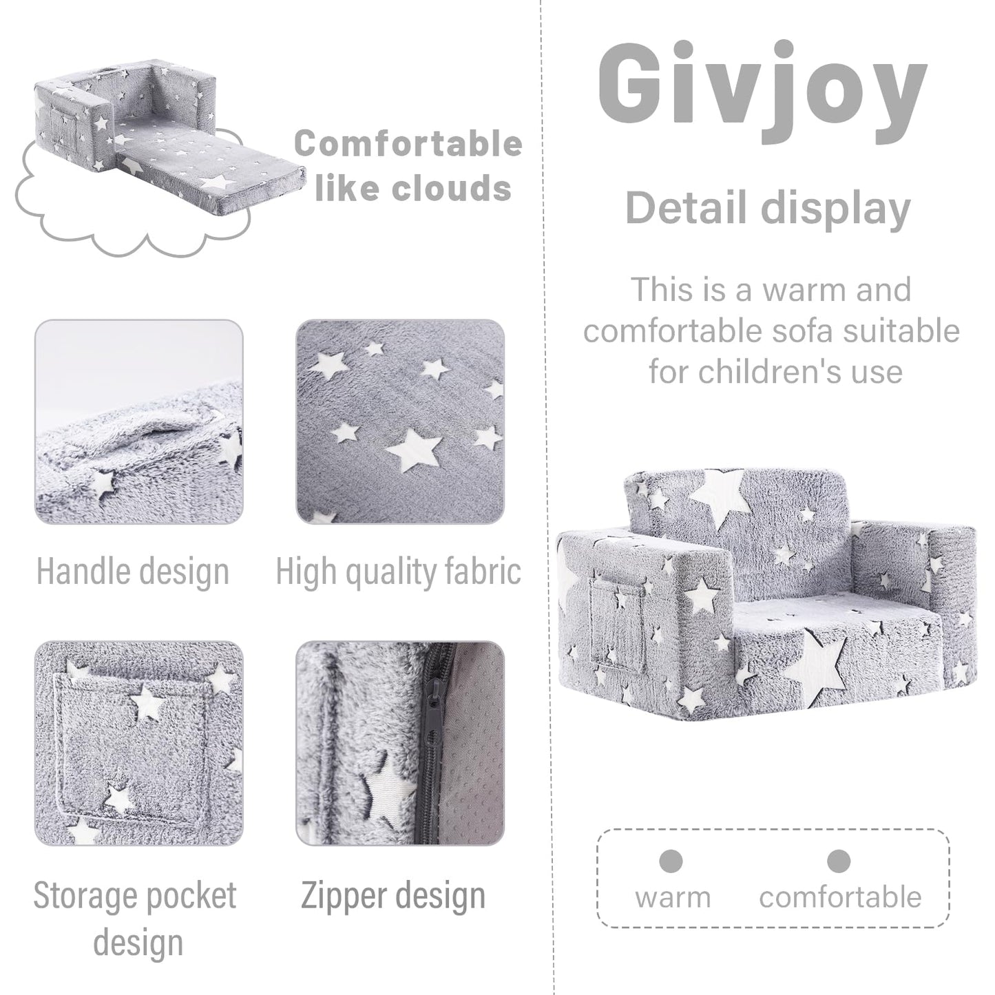 Givjoy Toddler Chair Plush Kids Couch, 2-in-1 Glow in The Dark Comfy Armchair Removable and Washable Cover Carrying Handle, Kids Reading Chair Toddler Couch for Playroom, Girls and Boys, Grey Star