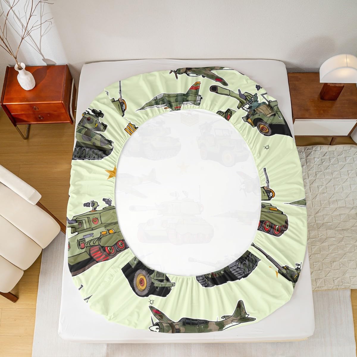 Aircraft Tank Fitted Sheet Full Size, Green Camo Helicopter Airplane Bedding Set 3pcs for Kids Boys Room Decor, Military Army Equipment Bed Cover with 2 Pillowcases, Soft Deep Pocket Sheets, No Flat