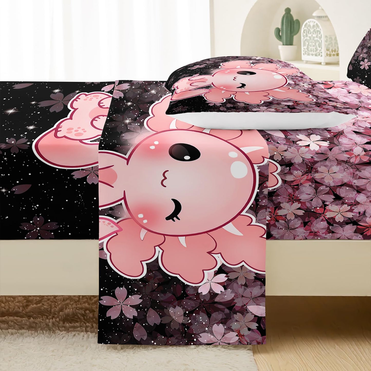 QOOMO Kawaii Axolotl Bedding for Boys and Girls Pink Cherry Blossom Super Soft Kids Bedding Set Sparkling Stars Breathable Room Decoration Queen Size 1 Fitted Sheet, 1 Flat Sheet, 2 Pillow Cases
