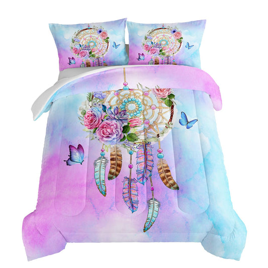 HOSIMA Boho Bedding Dream Catcher Full Size Comforter Sets with 2 Pillowcases,Butterfly Bed Set Room Decor for Teen Girls,Feather Floral Bedding Bed in a Bag Full Size for Adults Kids.