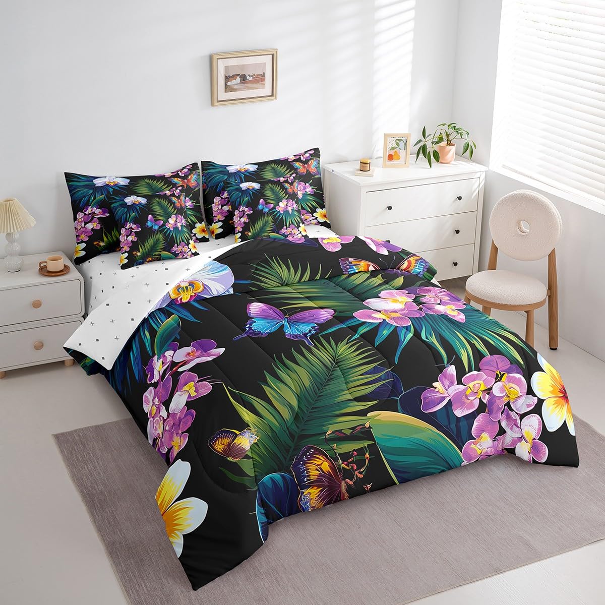 jejeloiu Butterfly Comforter Set 7 Pieces Full Size Kids Tropical Leaves Bed in a Bag for Boys Girls Botanical Bedding Set Nature Summer,Comforter + Sheets + Pillowcases + Cushion Covers