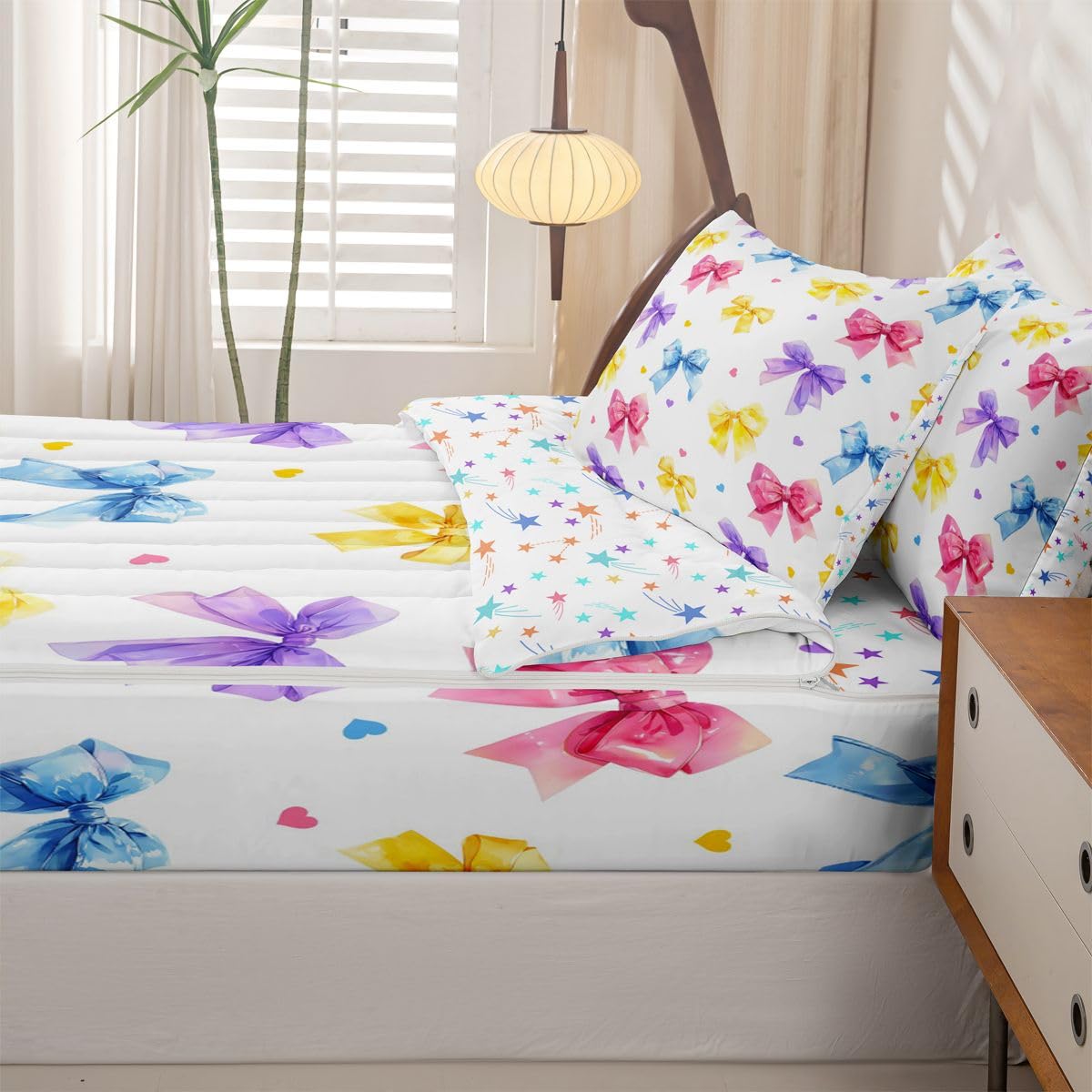 Feelyou Bow Zipper Bedding Queen Bowknot Comforter Set with Fitted Sheet and Pillowcases Kids Boys Girls Kawaii Zipper Bedding Sets Heat Love Bedroom Decor Cute Bow Gilfts