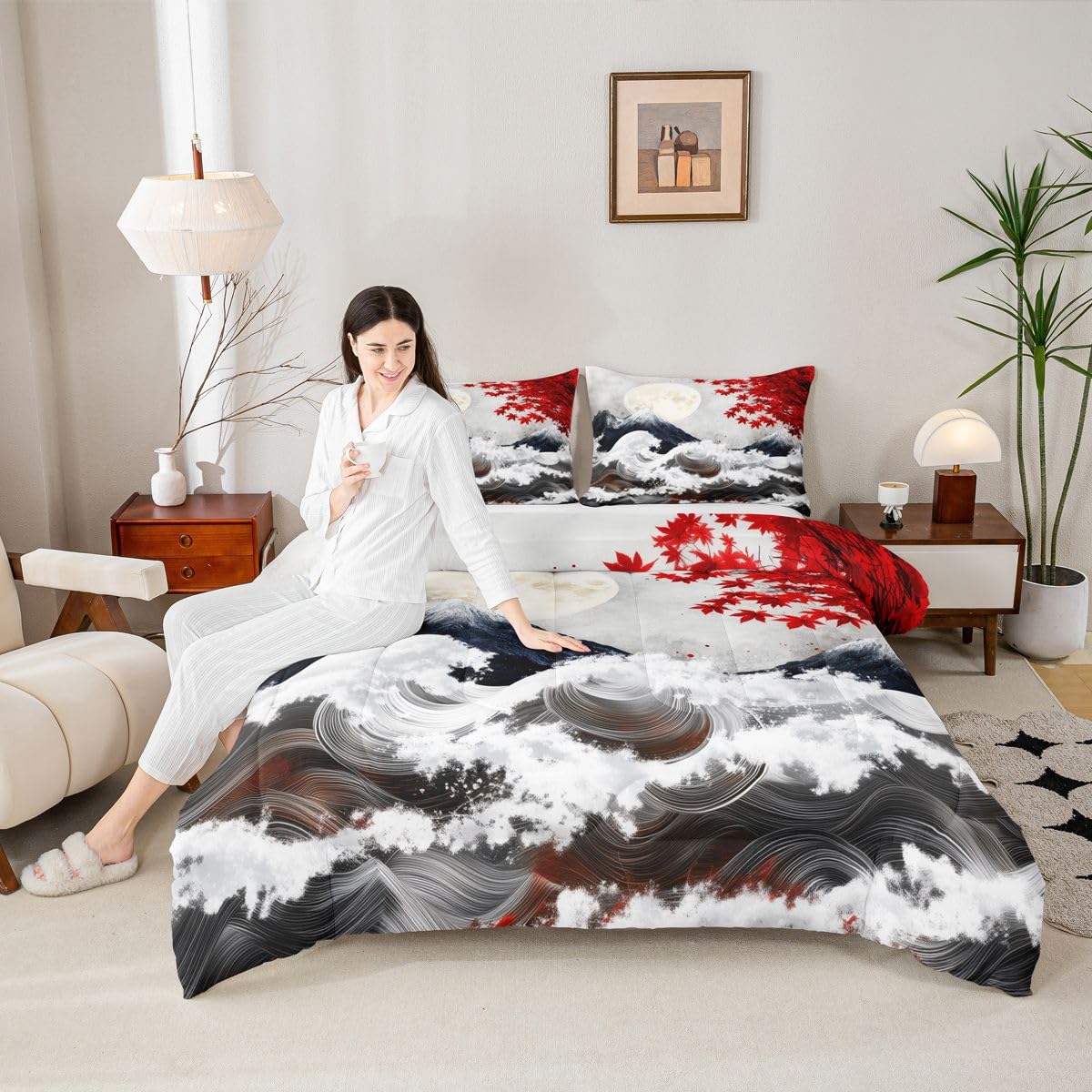 jejeloiu Japanese Wave Bedding Set Soft for Boys Girls, Japanese Style Comforter Set Queen Size Cherry Blossom Duvet Quilt Microfiber Mountain Bedroom Decor 3 Pcs with 2 Pillow Cases