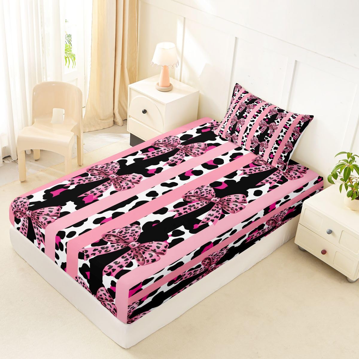 jejeloiu Pink Leopard Bow Fitted Sheet Twin Size for Kids Boys Girls Striped Coquette Bow Bed Sheets Set 16" Deep Pocket Soft Breathable Microfiber Leopard Bowknot Bedding with 1 Pillowcase Room Decor